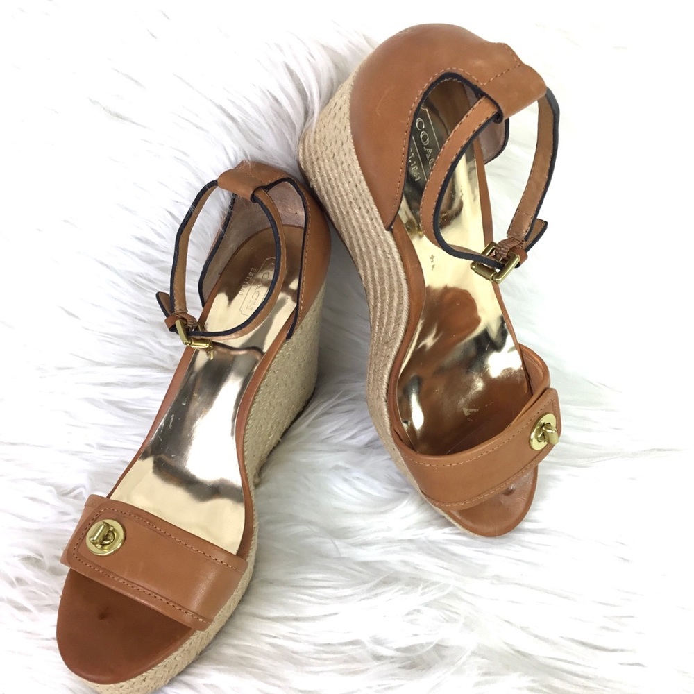 Coach Wedge Adjustable Ankle Straps Sandals Tan Leather trim Size 10B - Picture 7 of 12